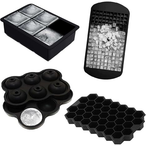 Eiswürfelform, Silikon-Eiswürfelform für den Gefrierschrank (4) – Kugel-Eisball-Maker, quadratisch, sechseckig