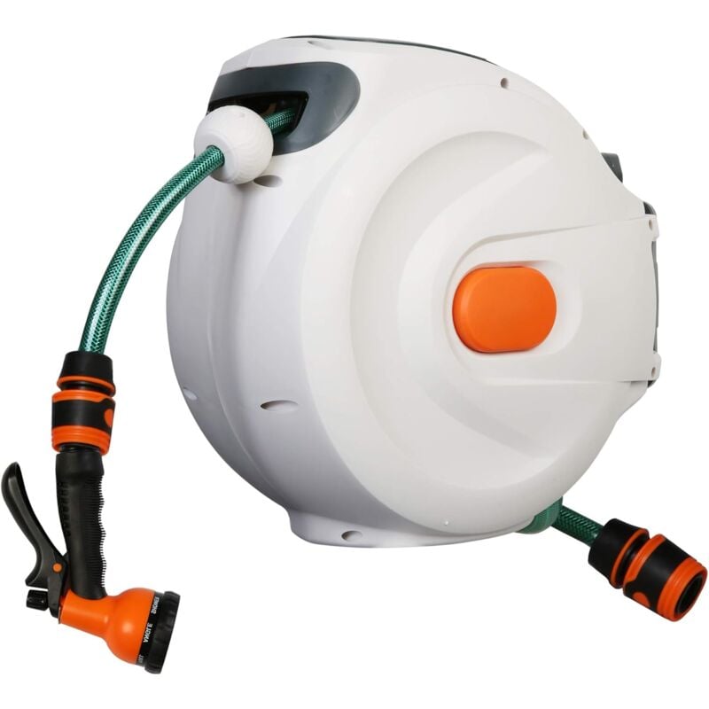 10M Enrouleur de tuyau d'arrosage rétractable, enrouleur de tuyau mural, buse de tuyau à 8 fonctions, verrouillage de n'importe quelle longueur,