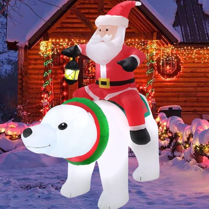 Ej.Life 1.8M Père Noël Gonflable sur l'ours Polaire Blanc Tête Oscillante avec Ventilateur, Décoration de Noël Gonflable avec Lumière LED