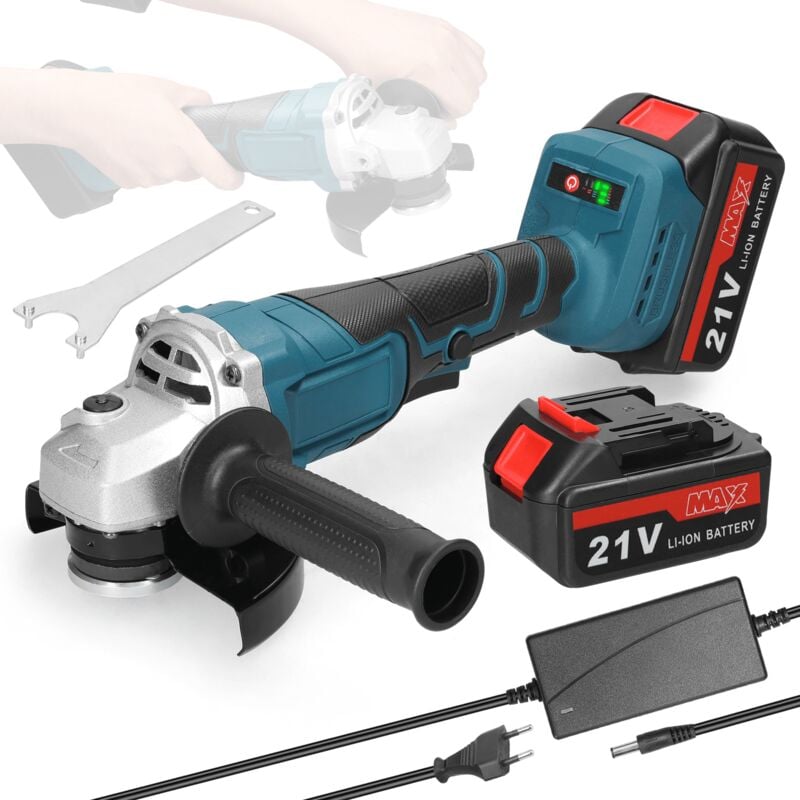 21 v Meuleuse d'angle 125mm Sans fil, M14 Meuleuse d'angle Moteur sans balais avec 2 piles 1300 mAh pour couper et polir les carreaux de céramique,