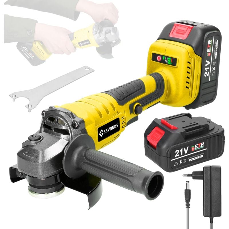 Ej.Life 21 V Meuleuse d'angle 125mm Sans fil, M14 Meuleuse d'angle Moteur sans balais avec 2 piles 1300 mAh pour couper et polir les carreaux de