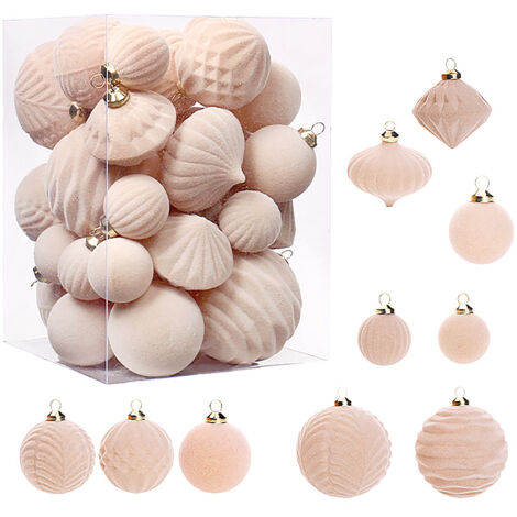 Ej.Life 35 Stück Weihnachtsdekorationen Boutique Beflockung Weihnachtskugel-Set Geschenkbox Weihnachtsbaumanhänger (Beige)