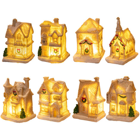 Ej.Life 8er-Pack Weihnachtsschmuck aus Kunstharz, LED-Lichthaus, weihnachtliche Mikrolandschaft (A+B+E+F+G+H+I+J)