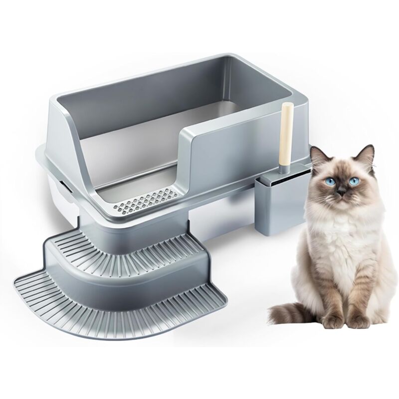 Bac Litiere pour Chat, Bac à Litière en Acier Inoxydable, Grand pour Les Chats et Les Lapins Bac Litiere Chat, Fermeture Latérale à Haute paroi,