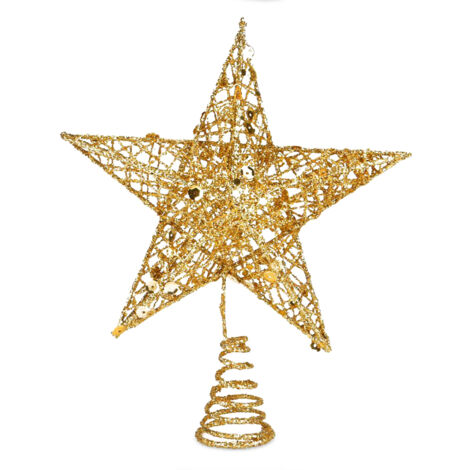 Ej.Life Baumspitze aus Eisen, fünfzackiger Stern, glitzernd, dreidimensionaler fünfzackiger Stern, Weihnachtsdekorationszubehör, 25 cm [Gold]