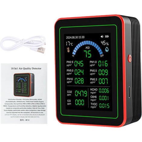 Ej.Life CO2-Monitor, 18-in-1-Messgeräte für die Luftqualität in Innenräumen, tragbarer Kohlendioxid-Detektor, CO2-TVOC-HCHO-PM2.5-PM10-Tester für Zuhause und Büro
