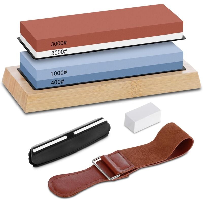 Ej.life - Ensemblede Pierres à aiguiser 400/1000 3000/8000, Couteaux Aiguiser Pierre Double Visage professionnel, avec base en Bambou antidérapante,