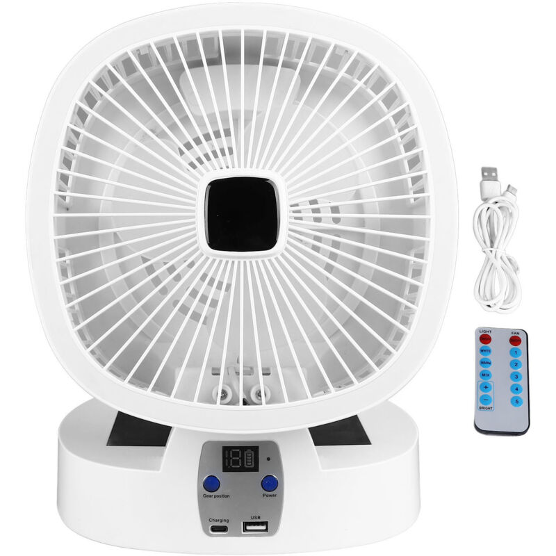 Jeffergarden Ventilateur de bureau solaire 10000mAh rechargeable 5 vitesses réglables 3 modes d'éclairage portable pliable avec télécommande