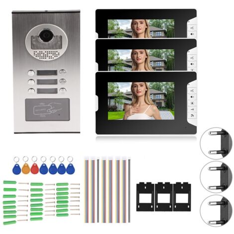 Ej.Life – Interphone vidéo 7 pouces avec 3 moniteurs – Vision nocturne IR-CUT – Écran LCD TFT couleur – Alimentation CA 100-240V