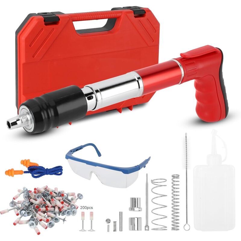 Kit de cloueuse à béton avec 200 clous, pistolet à ongles manuel réglable à 5 vitesses, outil électrique de fixation murale, machine de tir de clous
