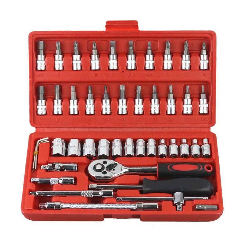 Ej.life - Kit D'outils à Main de Mécanicien 46pcs, Jeu de Clés à Douille avec étui Jeu de Douilles à Cliquet Multifonctions pour clé à Cliquet 24T