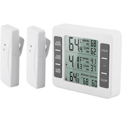 Ej.Life Kühlschrank Thermometer Wireless Digital Akustischer Alarm Kühlschrank Gefrierschrank Thermometer mit 2 STÜCKE Sensor Min/Max Display A