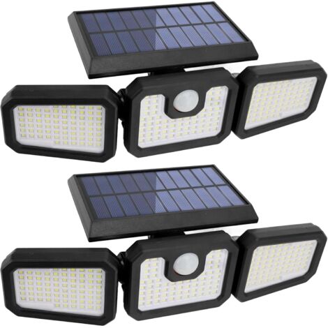 Ej.Life Lot de 2 lampes solaires d'extérieur à 210 LED 2500 lm Détecteur de mouvement Éclairage solaire Étanche IP65 3 têtes Spot Projecteur mural Grand angle 360° pour garage, cour, porche