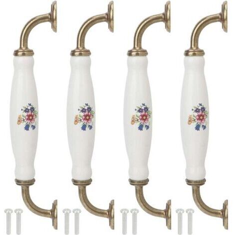 Ej.Life Lot de 4 poignées en céramique vintage blanc tiroir/commode/armoire tire poignée en alliage de zinc bouton de porte d'armoire de cuisine quincaillerie de meubles, espacement de 160 mm