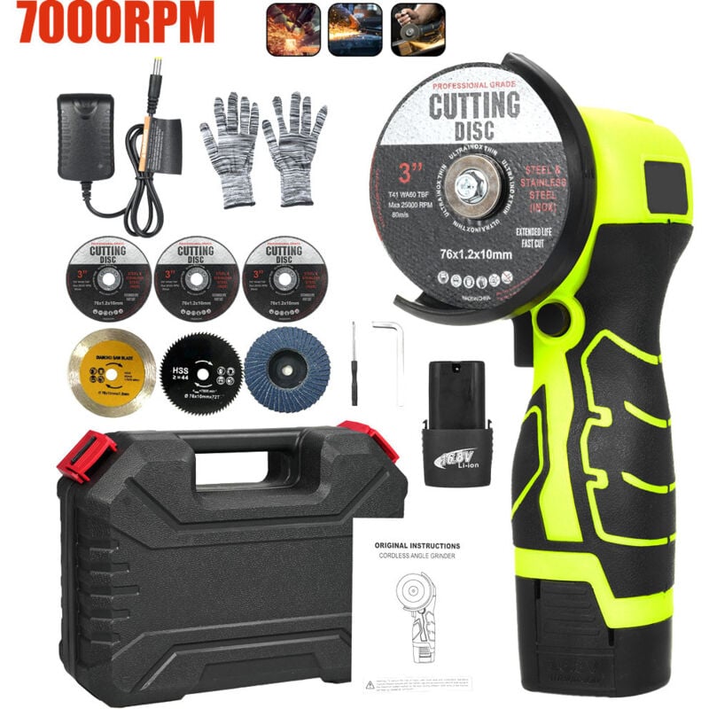 Mini Meuleuse Sans Fil, 16.8V Mini Disqueuse Sans Fil, Meuleuse D'angle Sans Fil avec Chargeur et 2 Batteries 2000 mAh, 7000 rpm, 6 Disques de Coupe
