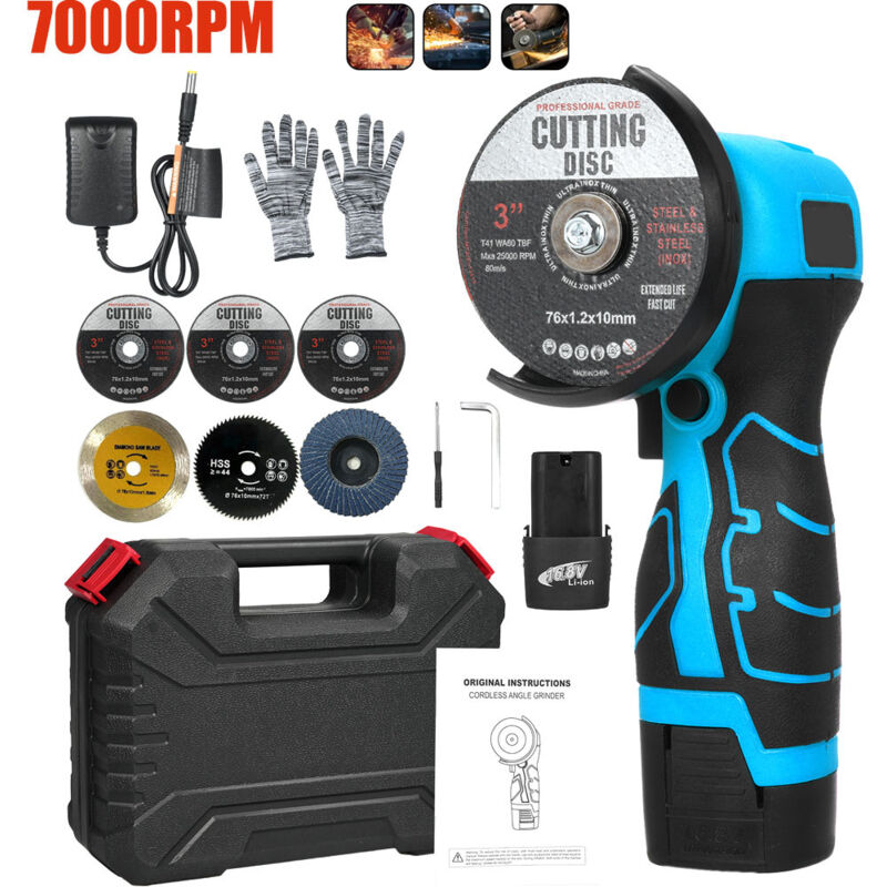 Mini Meuleuse Sans Fil, 16.8V Mini Disqueuse Sans Fil, Meuleuse D'angle Sans Fil avec Chargeur et 2 Batteries 2000 mAh, 7000 rpm, 6 Disques de Coupe