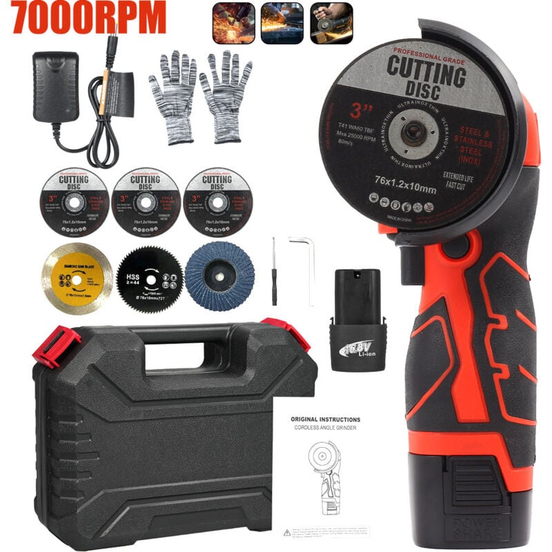 Mini Meuleuse Sans Fil, 16.8V Mini Disqueuse Sans Fil, Meuleuse D'angle Sans Fil avec Chargeur et 2 Batteries 2000 mAh, 7000 rpm, 6 Disques de Coupe