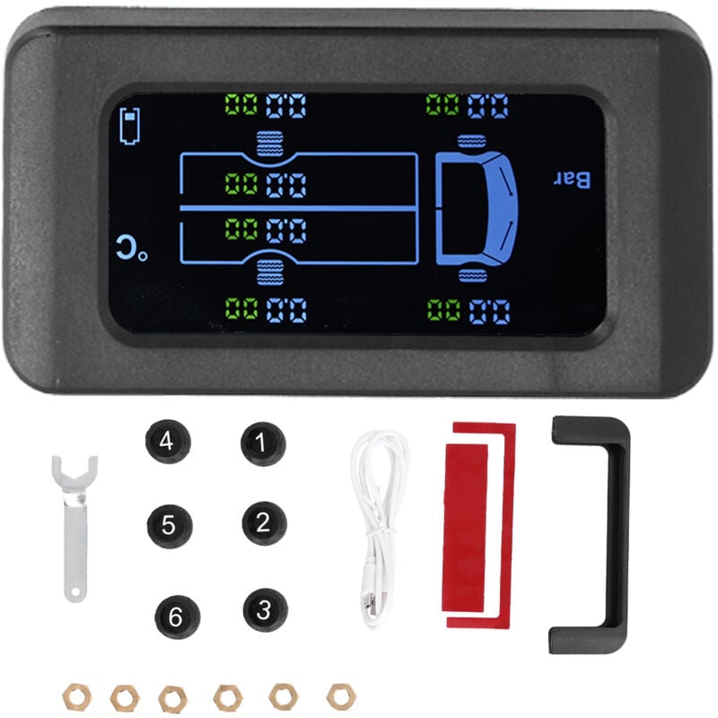Ej.life - Moniteur de pression des pneus universel charge usb solaire 0-8.5bar 122PSI camion tpms avec 6 capteurs externes