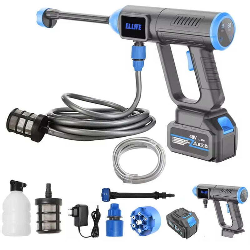 Ej.life - Nettoyeur Haute Pression Sans Fil 30 Bar - Batterie Incluse -6-en-1 Multi-Usage Buse - Idéal Voiture, Jardin & Maison - Pulvérisateur