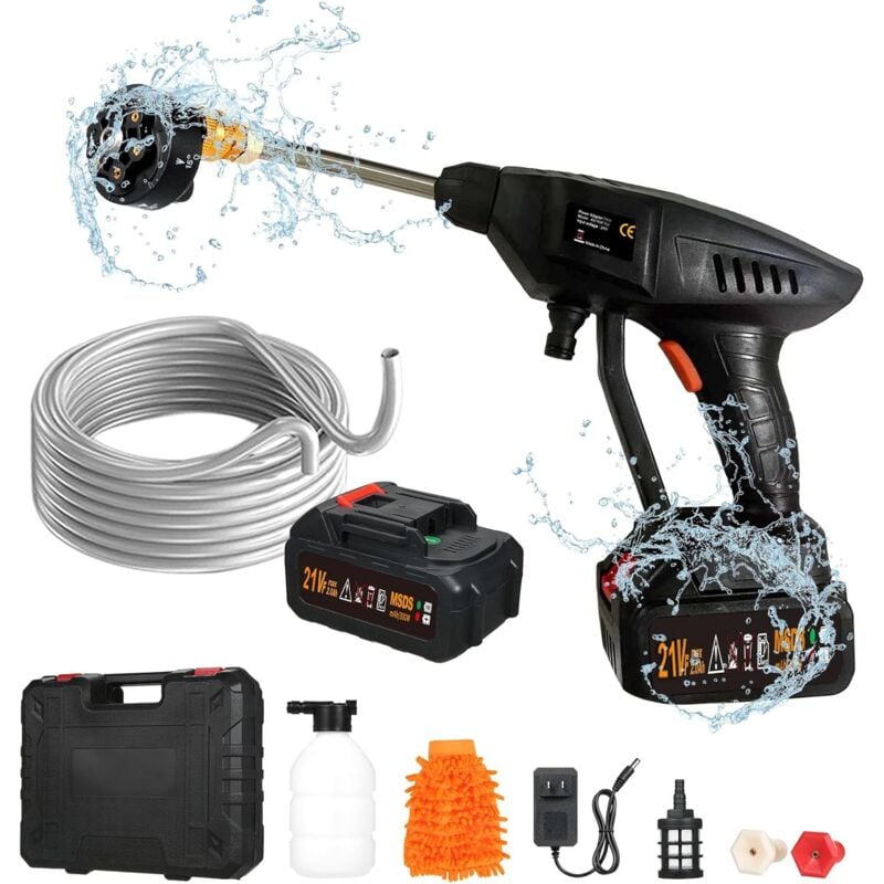 Ej.life - Nettoyeur Haute Pression sur Batterie, Max 870 psi Nettoyeur Haute Pression sans Fil Portable avec Accessoires, Buse Multi-Fonctions