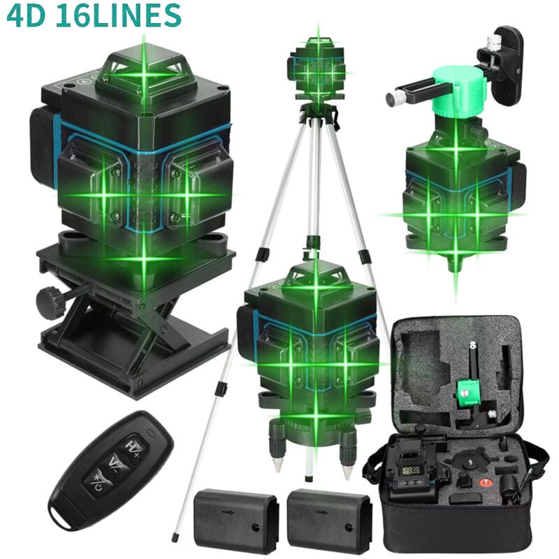 Niveau Laser 16 Lignes IP54 Niveau à Bulle, Batterie x 2, avec Trépied Télescopique pour Pose de Carrelage, Kit Laser en Croix Vert pour Travaux de