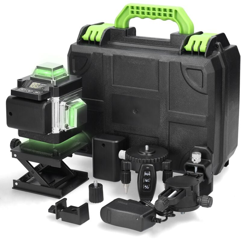 Niveau Laser 16 Lignes, Niveau Laser 4 x 360° Autonivelant, Niveau Laser avec 2 Batterie Rechargeable 2400mAh, avec Support Mural, pour Travaux de