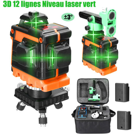 Ej.Life Niveau Laser 360°x 3, 12 Lignes Autonivelant Niveau Laser Vert Chantier à Ligne Croisée Verticale et Horizontale 3D, IP54, avec Sac de Protection et 2 batteries,Distance 25m