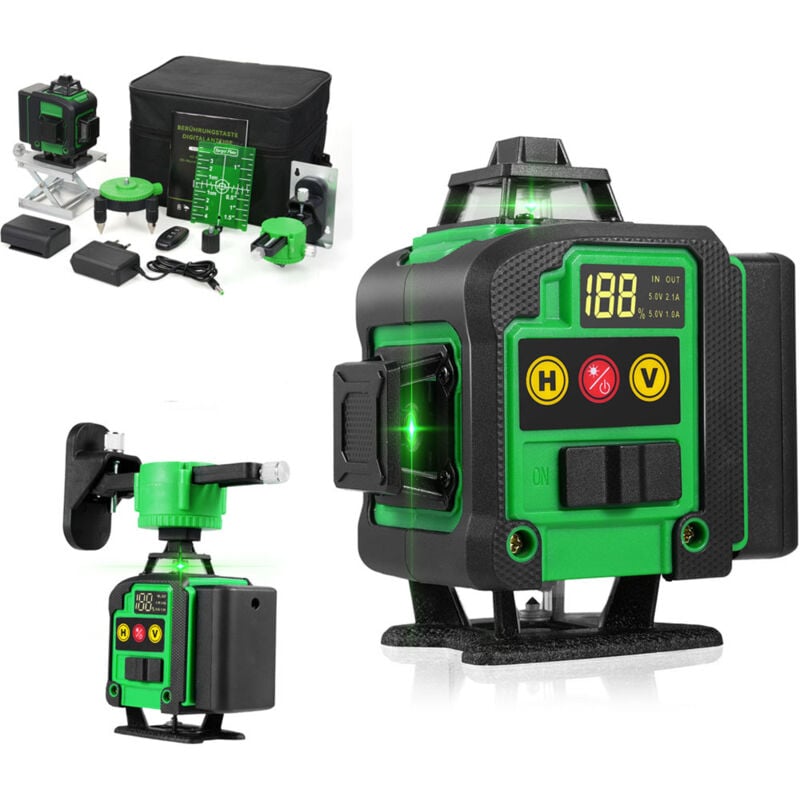 Niveau Laser 360°x 4, Autonivelant Niveau Laser Vert Chantier à Ligne Croisée Verticale et Horizontale 4D, IP54, avec Sac de Protection et 22400mAh