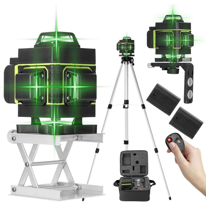 Niveau laser, 4D 16 lignes Niveau laser 3° Outil de nivellement avec fonction de nivellement automatique, plate-forme de levage, télécommande et 2