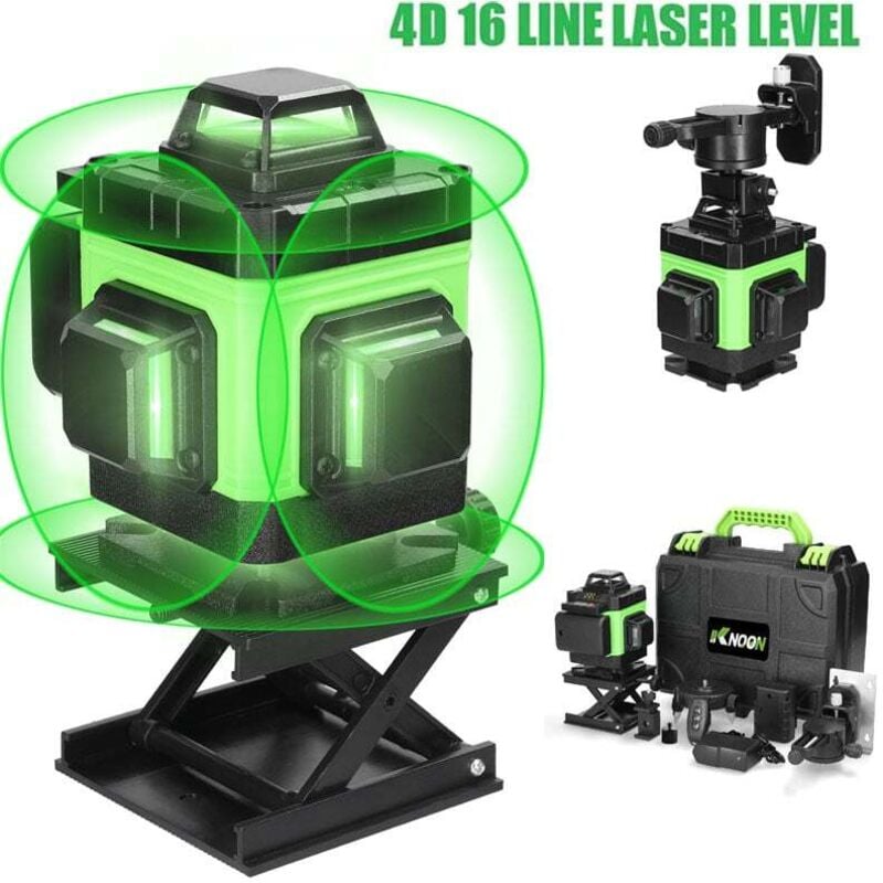 Niveau Laser Autonivelant Vert, 4 x 360° 16 Lignes Laser Chantier, 2x Batteries Rechargeable, Niveau Laser Rotatif avec Support Rotatif, Télécommande