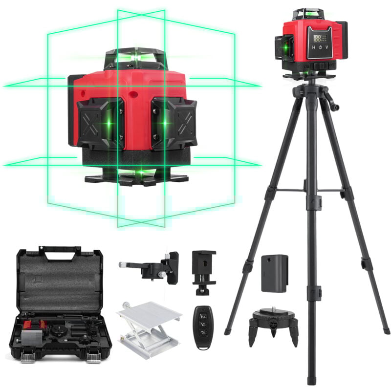 Niveau Laser mit répied,4x360°Laser Chantier Autonivelant vert 4D,rotatif avec trepied Réglable, 22400mAh Batteries Rechargeable,rouge - Ej.life