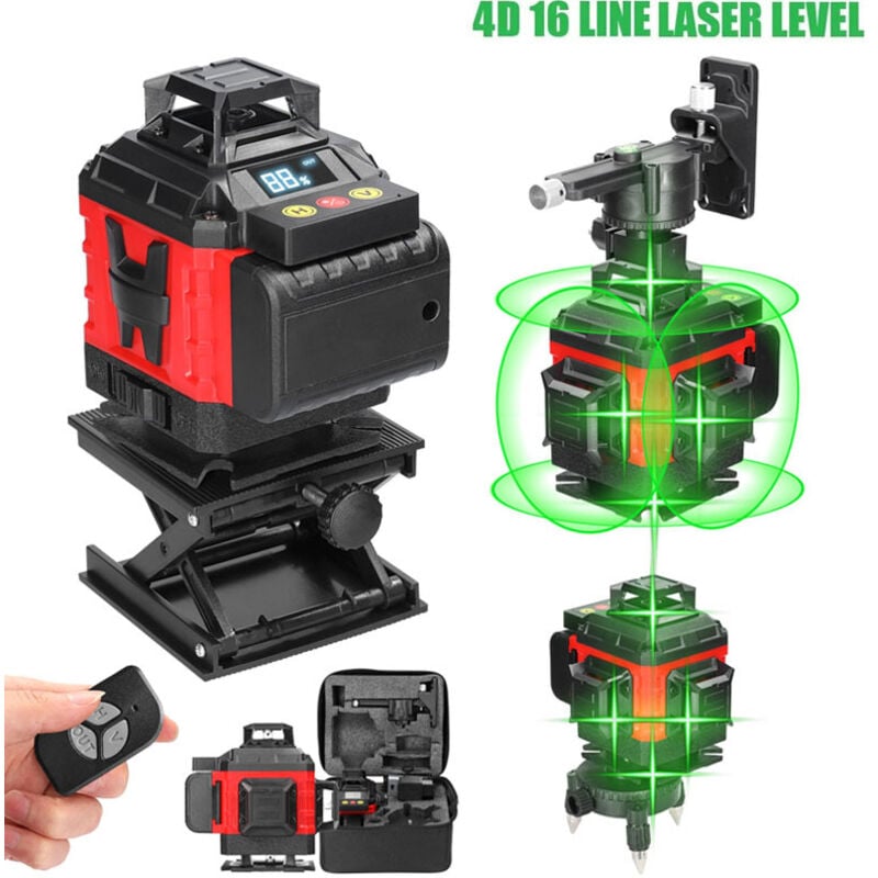 Niveau laser rotatif vertical et horizontal 4D à 16 lignes avec auto-équilibrage, IP54 Etanche, livré avec 2 batteries, Laser Croix Vert 25m - Ej.life
