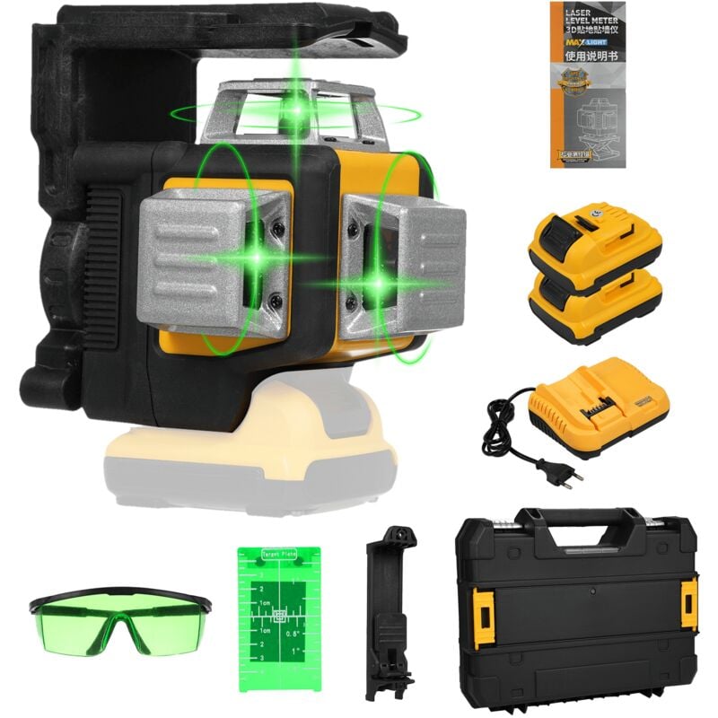Niveau Laser Vert, 3x360 3D 12 Lignes avec Batterie Li-ion Rechargeable, Laser Level Auto-nivellement, avec Étui de Transport à Coque Rigide Inclus
