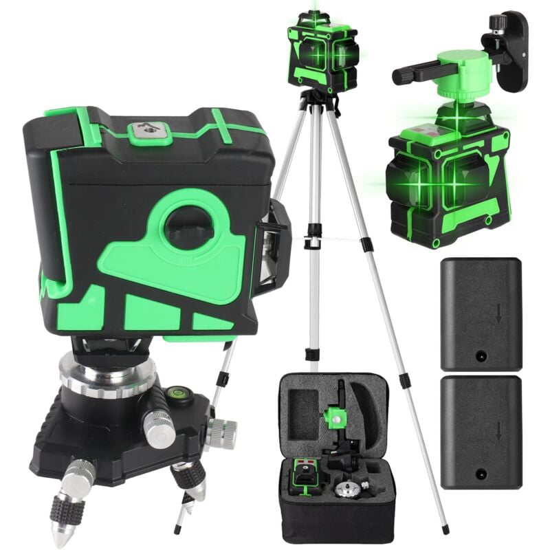 Niveau Laser Vert Autonivelant 3x360°, Rotatif 3D 12 Lignes Autonivellement Niveau Laser avec 2 Pcs Batterie, Hauteurs Réglable Barre D'extension