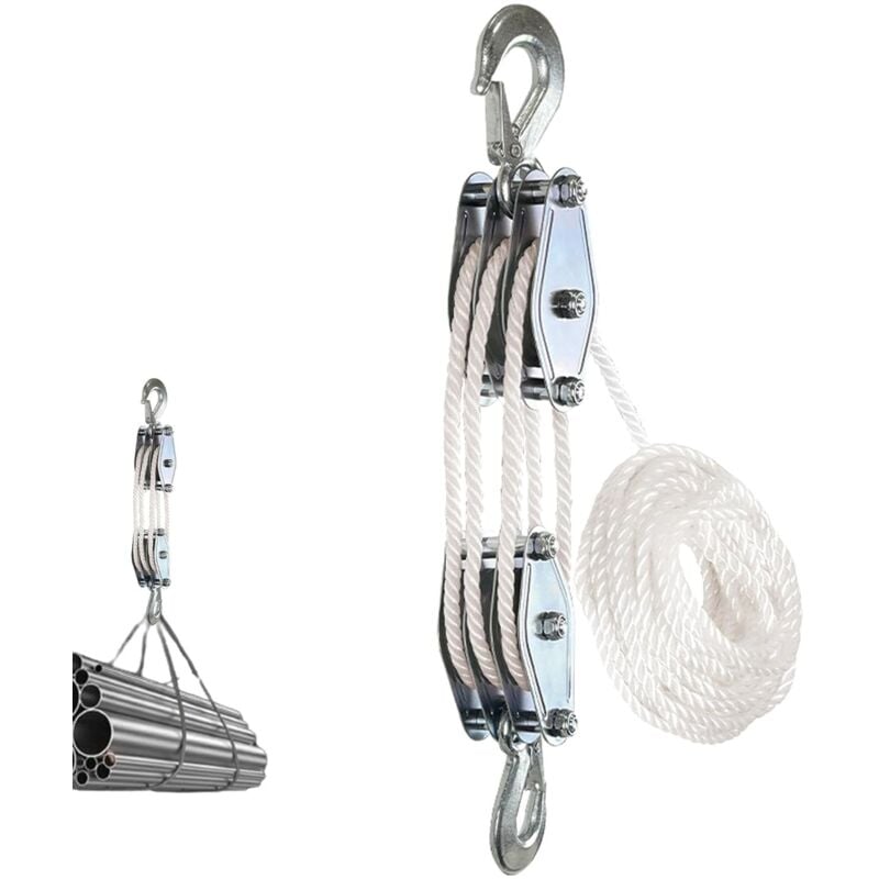 Ej.Life Palan à Corde Robuste, résistance à la Rupture de 15 m, Bloc de Charge de Travail de 500 kg et système de poulie pour soulever des Objets