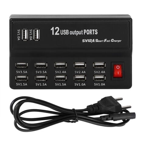 Ej.Life Parasurtenseur 12 Ports Multiples avec Chargeur Rapide Station USB 100-240V Concentrateur de Charge USB International avec Cordon et cosse Plate pour appareils Multiples(UE)