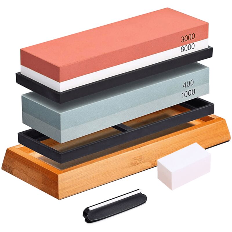 Ej.life - Pierre à Aiguiser - Ensemble Aiguiseur de Couteau Professionel 400/1000 3000/8000 avec Base en Antidérapante Pierre à Aplatir Guide d'angle