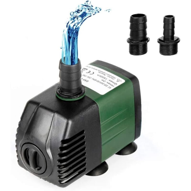 Ej.life - Pompe à eau submersible 25W 1500 l/h avec 2 buse pour aquarium, étang, Cordon 1,5M, fontaines de jardin, système hydroponique