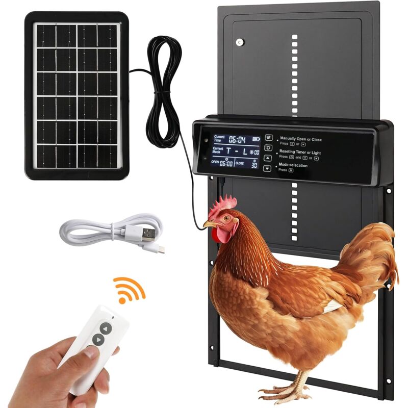 Porte Automatique Poulailler, Porte Poulailler Automatique Solaire, Trappe Poulailler avec Minuterie du Soir et du Matin, Aluminium, Écran lcd