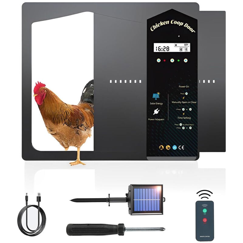 Porte Poulailler Automatique Solaire, Porte Automatique Poulailler avec Minuterie, Télécommande, Capteur de Lumière, Écran lcd Porte de Poulailler