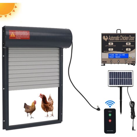 EJ.LIFE Porte Poulailler Automatique Solaire, Porte Automatique Poulailler Solaire en Alliage d'aluminium, Capteur de Lumière, Minuterie, Télécommande,gris
