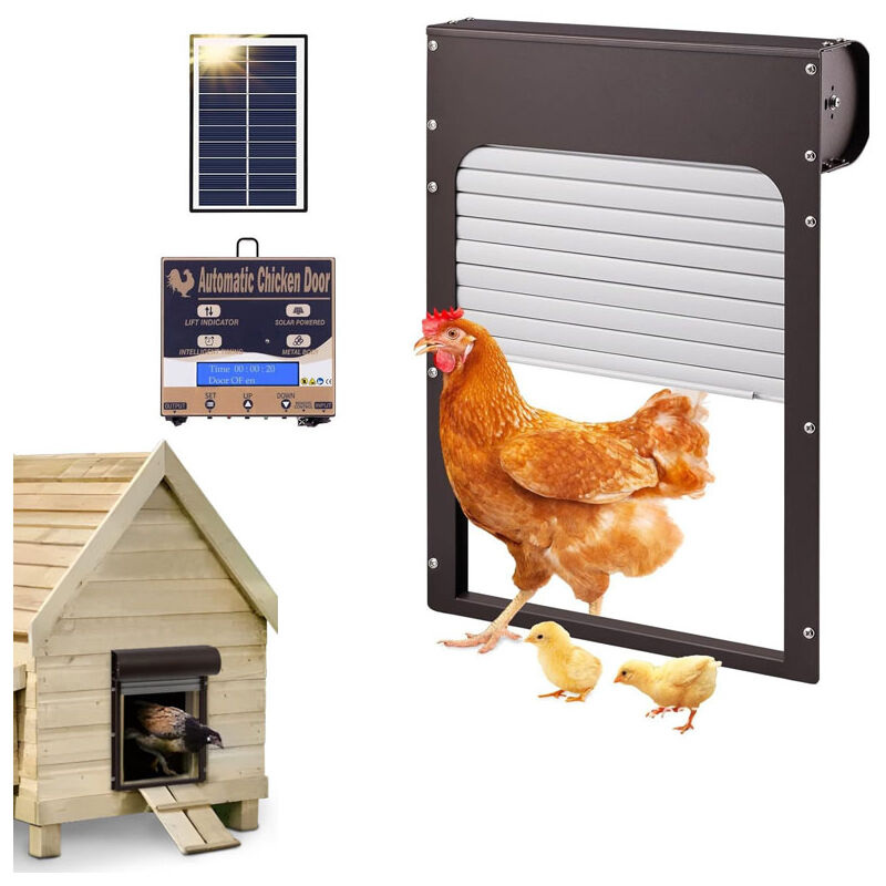 Porte Automatique Poulailler, Porte de poulailler Automatique avec minuterie, Porte alimentée par Piles ou par énergie Solaire pour volailles