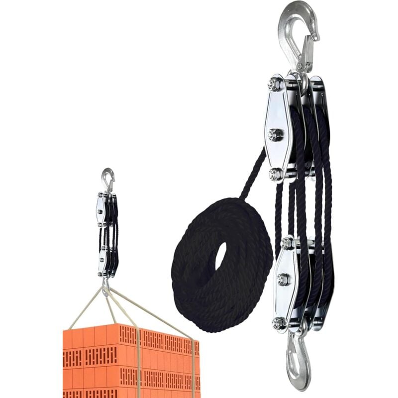 Ej.Life Poulie de palan à corde de 2000 kg - Acier galvanisé - 6 Poulies - Corde de nylon résistant