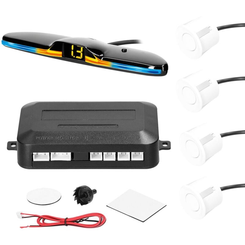 Ej.life - Radar de recul pour voiture - 4 capteurs de stationnement + écran à led + Alarme + Rallonge + Foret pour forage,blanc