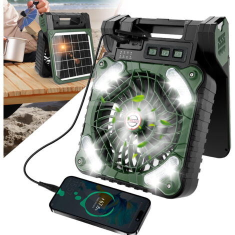 Ej.Life Solarventilatoren für den Außenbereich, Tragbarer Ventilator Typ C, Aufladung mit 4 Geschwindigkeiten Einstellbar, LED Licht, Solarbetriebener Ventilator, Geräuscharm, (OD Grün)
