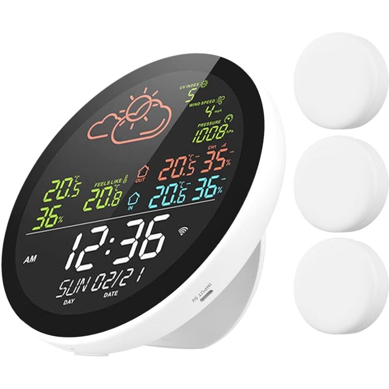 Ej.life - Station météo Wifi avec horloge, compteur de température et d'humidité intérieure et extérieure, grand écran couleur multifonction,