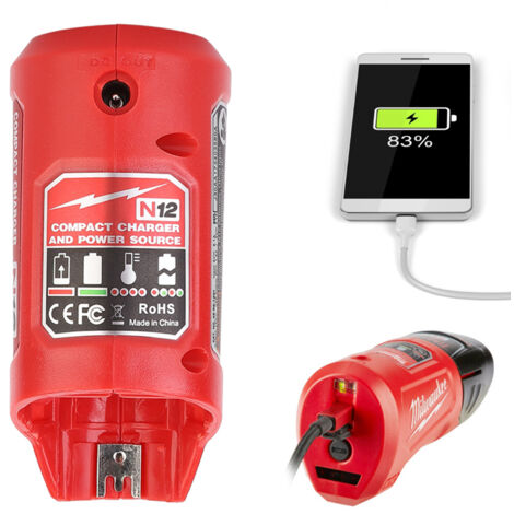 Ej.Life Tragbares USB-Akkuladegerät, Stromquelle für Milwaukee M12 – Schnelles Aufladen, Einfach zu Transportieren, Anzeige des Akkustands – 2,1-A-Ladeadapter für Mobile Geräte
