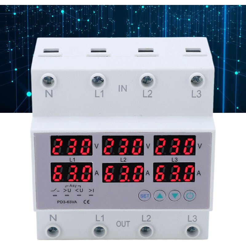 Ej.life - Voltmètre à rail din triphasé ampèremètre protecteur de surintensité de surtension automatique ac 390-500V 40A