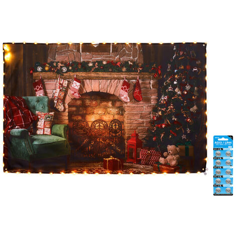 Ej.Life Weihnachtsdekorations-Wandteppich, 180 x 115 cm, LED-Leuchtstoff zum Aufhängen, Kamin-Atmosphären-Dekoration mit hellem Hintergrundstoff