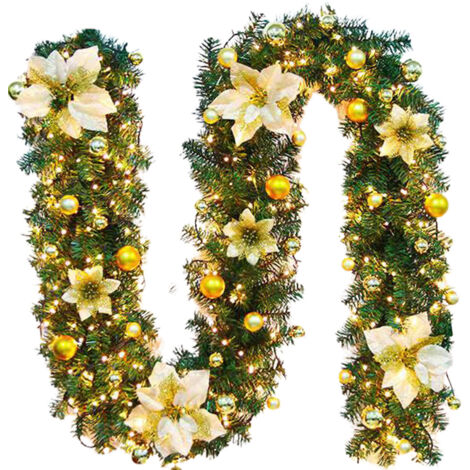 Ej.Life Weihnachtsgirlande, künstliche Girlande mit LED-Lichtern, 2,7 m Weihnachtskranz, Weihnachtsgirlande, Dekoration für Kamin, Wand, Türen, Treppen, Terrassen, Garten,B